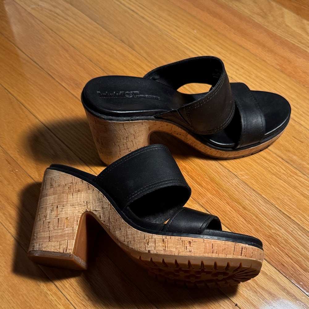 Timberland Black Leather Mules with Cork Heel